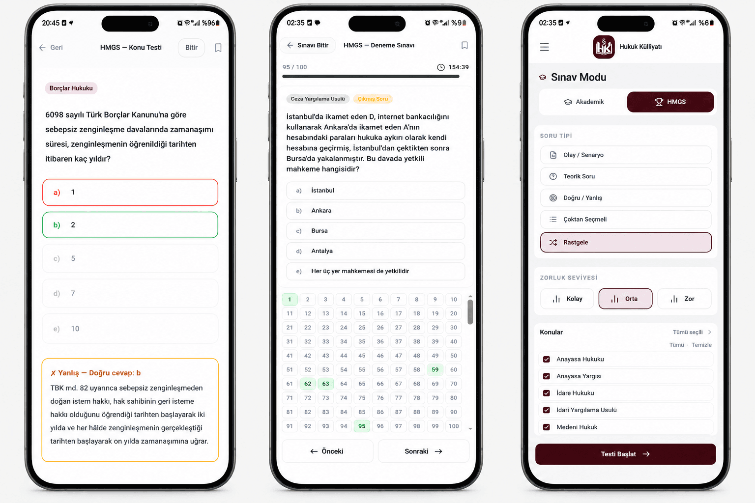 HMGS sınav modu — konu testi, deneme sınavı ve soru havuzu ekranları